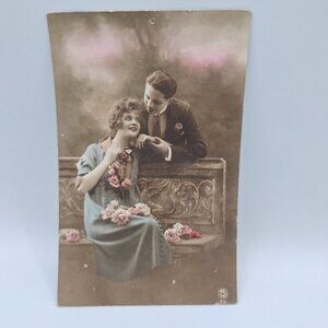 Vintage French Postcard Romantic Couple Floral Accents Handwritten 1919 Paris Ch